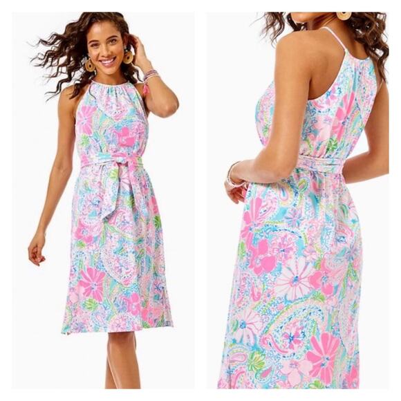 Lilly Pulitzer Mabry Midi Tie Multi Flock Full Of Fun Dress Size XS - Picture 1 of 12